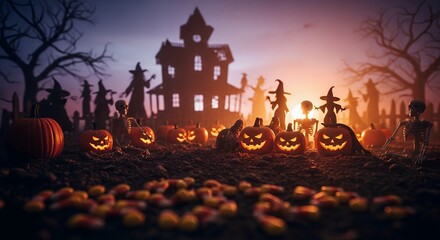 Spooky Halloween Scene with Glowing Jack-o'-Lanterns Skeletons and Haunted House at Sunset