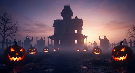 Haunted House Halloween Scene with Carved Jack O Lanterns and Foggy Atmosphere at Sunset