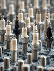 Multiple spark plugs are displayed in an organized layout, highlighting different colors and designs which are essential components in automotive engines.
