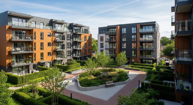 Modern apartment complex with courtyard garden, residential building, real estate photography