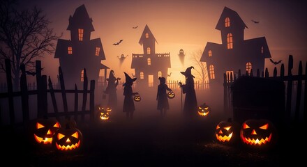 Spooky Halloween Scene with Witches Pumpkins and Haunted Houses at Dusk