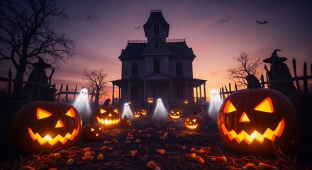 Spooky Haunted House Scene with Illuminated Jack-o-Lanterns and Ghosts at Twilight