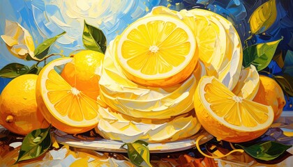 Vibrant impasto style painting of lemons and lemon meringue. Bright, bold strokes of yellow, white, and blue create a lively, abstract still life