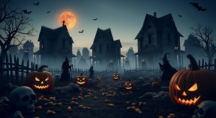 Spooky Halloween Scene with Jack O Lanterns Haunted Houses and Bats Under a Full Moon