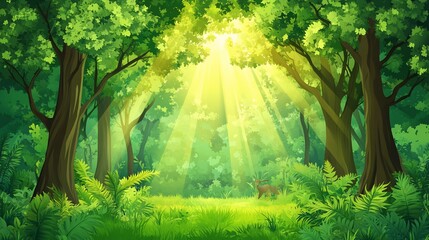 Obraz premium Forest scene with sunlight shining through the trees. Deer is partially visible in the distance, amongst lush green foliage
