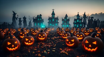 Spooky Halloween Haunted House Scene with Jack O Lanterns and Witch Silhouettes