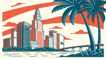 Obraz premium Miami skyline vector art with palm trees silhouetted against the horizon. Suitable for travel, tourism, and destination branding projects.