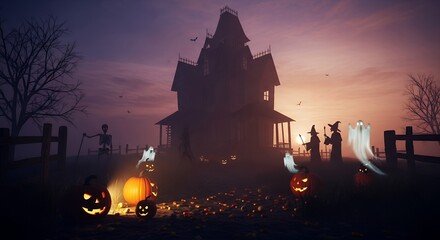 Haunted Halloween House with Jack O Lanterns Ghosts and Witches at Dusk