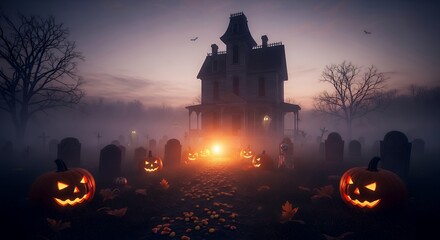 Haunted Halloween House with Glowing Jack-o'-Lanterns and Foggy Graveyard Scene