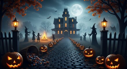 Haunted Halloween House Scene with Carved Pumpkins Foggy Night Full Moon Spooky Atmosphere