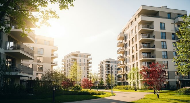 Modern Apartment Complex, Residential Buildings, Green Space, Urban Development, Sunlit Facade, Balconies, Landscaping, Pathway, 