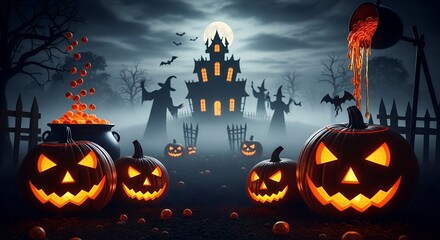 Spooky Halloween Scene with Illuminated Jack O Lanterns and Haunted House Under Full Moon