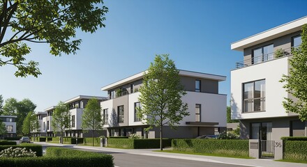 Modern Residential Street, Suburban Townhouses, New Development, Contemporary Architecture, Sunny Day
