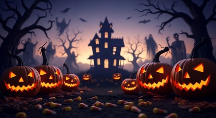 Halloween Pumpkin Carvings with Spooky Haunted House Scene at Night