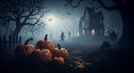 Spooky Haunted House Scene with Pumpkins and Full Moon in Dark Forest