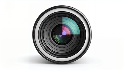 Close-up view of a modern camera lens with reflective elements on a white background, showcasing optical technology and precision.