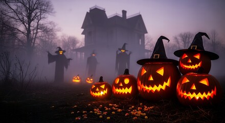 Halloween Jack-o'-lanterns with Witch Hats Glowing in Foggy Night Scene Behind Haunted House
