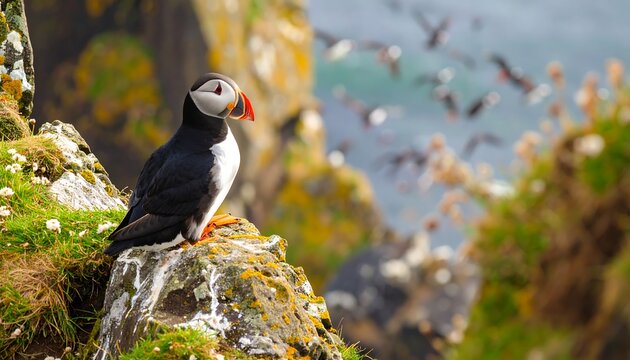 Puffin perched on a cliff overlooking a flock of birds - Powered by Adobe
