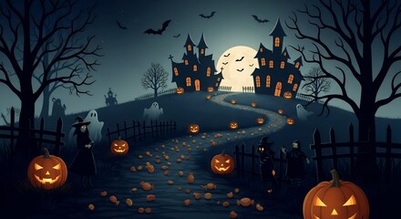 Spooky Halloween Night Scene with Haunted House Bats Jack O Lanterns and Ghosts