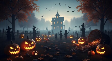 Spooky Halloween Night Scene with Glowing Jack-o-Lanterns Haunted House Silhouettes and Children in Witch Costumes