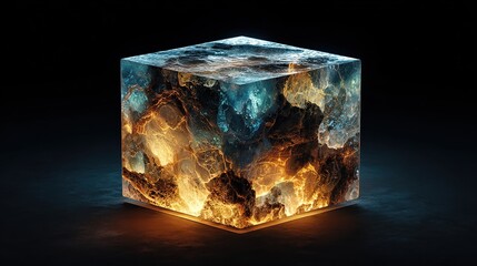 Illuminated cube displays contrasting fire and ice effects on each surface