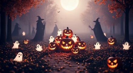 Spooky Halloween Scene with Glowing Jack O Lanterns Ghosts and Witches in Dark Forest