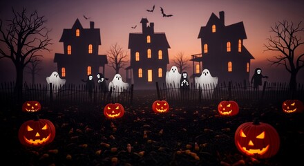 Spooky Halloween Scene with Illuminated Jack-o'-Lanterns and Haunted Houses in Dark Twilight