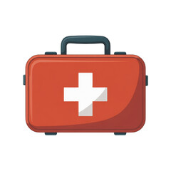 Obraz premium Compact red first aid kit with white cross symbol for travel and emergencies