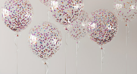 Group of clear balloons filled with colorful heart-shaped confetti for celebration and party background.