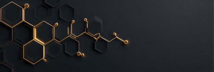 Golden hexagonal shapes and molecular structures contrast against a dark backdrop, creating a sophisticated visual perfect for science and technology themes.