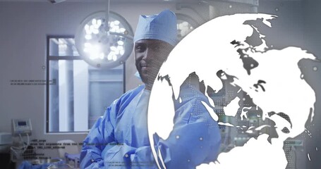 Surgeon standing in operating room while rotating globe initiating health data streaming - Powered by Adobe