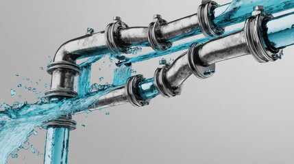 Metallic pipes with water flowing through them demonstrate fluid dynamics in a clean, modern industrial environment.