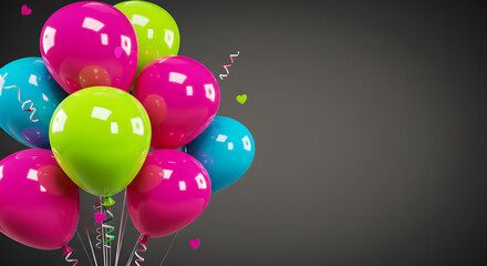 Vibrant Birthday Balloons and Confetti on Dark Background with Copy Space