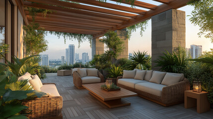 Urban Oasis: An inviting outdoor lounge area in a modern city setting, with comfortable seating and lush greenery.