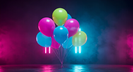 Colorful Balloons in Neon Cyberpunk Party Background with Smoke and Bright Lights