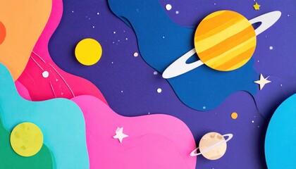 Naklejka premium Colorful Cosmic Paper Craft Illustration Featuring Planets and Stars