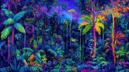 Vivid jungle scene ablaze with neon colors, featuring layered foliage, palm trees, and a starlit sky peeking through the canopy