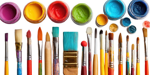 Colorful paint jars and art brushes