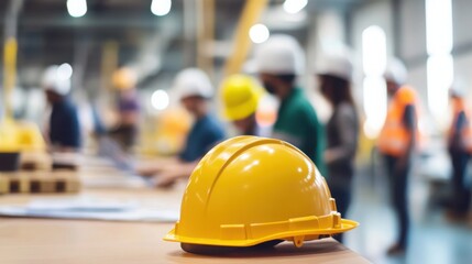 workplace accident prevention training session, employees actively participating in safety drills, with a blurred background