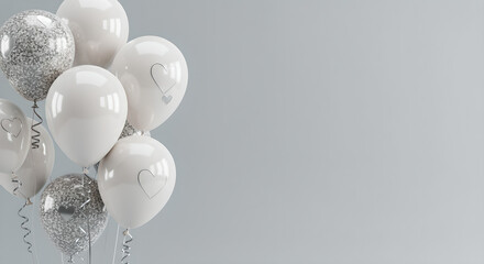 Elegant white and silver balloons with hearts for celebration background