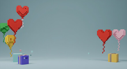 Pixel art heart balloons and gift boxes on a pastel blue background