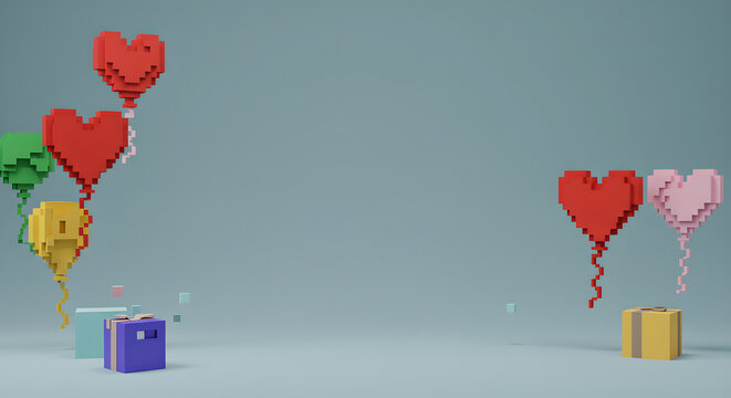 Pixel art heart balloons and gift boxes on a pastel blue background