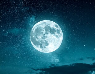 Teal Night Sky with Full Moon and Stars – Dreamy Celestial Background