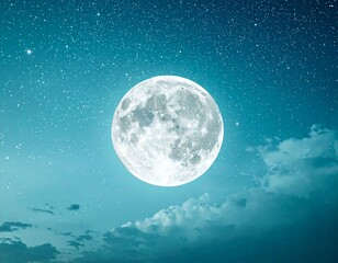 Fototapeta premium Teal Night Sky with Full Moon and Stars – Dreamy Celestial Background
