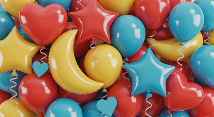 Vibrant Red, Yellow, and Blue Balloons: Hearts, Stars, and Moon for Celebration