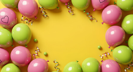 Vibrant pink and green balloons with confetti on yellow background with copy space