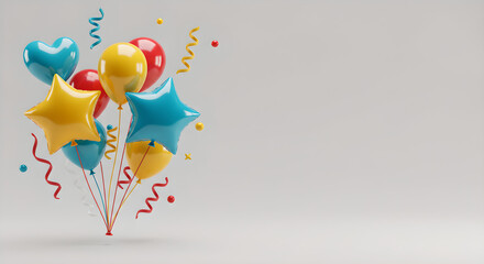 Vibrant birthday party balloons with confetti and streamers on a neutral background