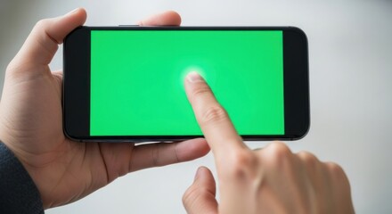 Close-up of hands holding a smartphone with a green screen, finger touching the screen.