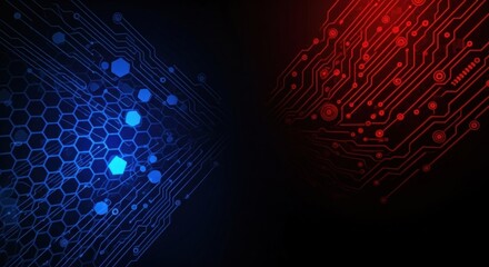 Abstract digital circuitry design, glowing blue and red, contrasting technology patterns.