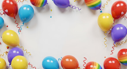 Colorful party balloons with confetti and streamers on white background, celebration concept.